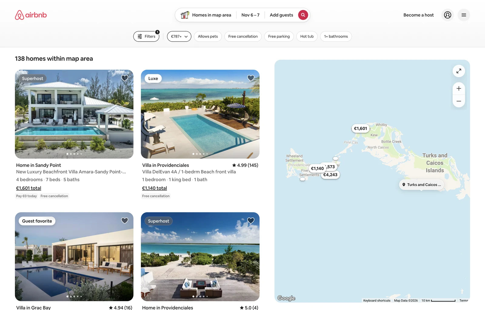 Airbnb search results with homes on the left and their prices pinned on a map on the right
