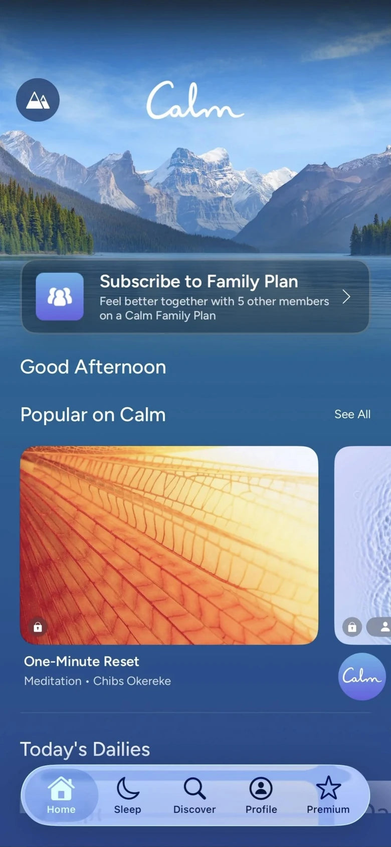 Calm home screen with a mountain lake, Popular on Calm and the tab bar