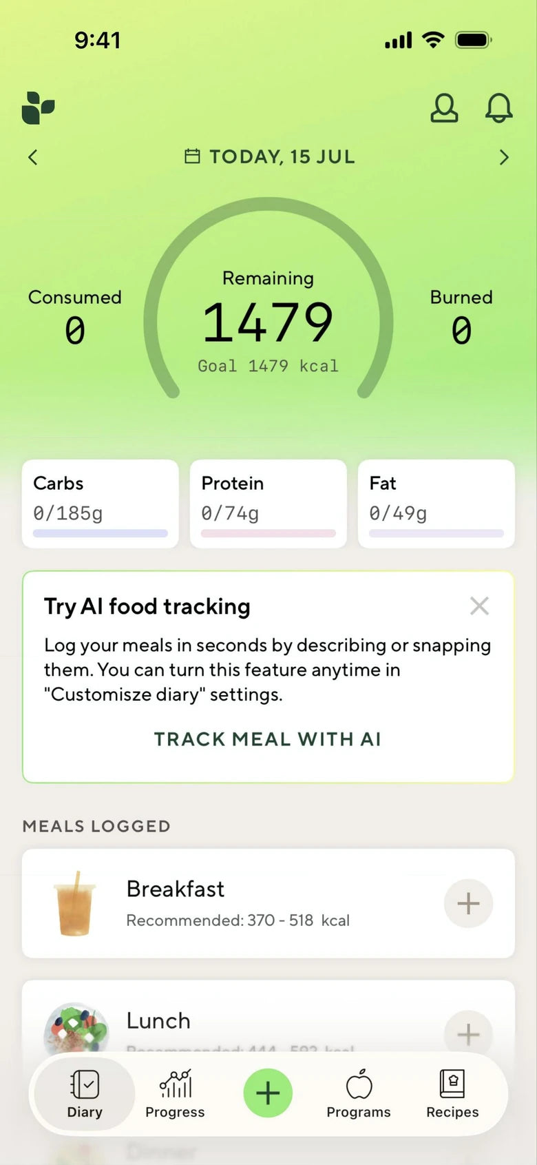 Lifesum diary with calories remaining