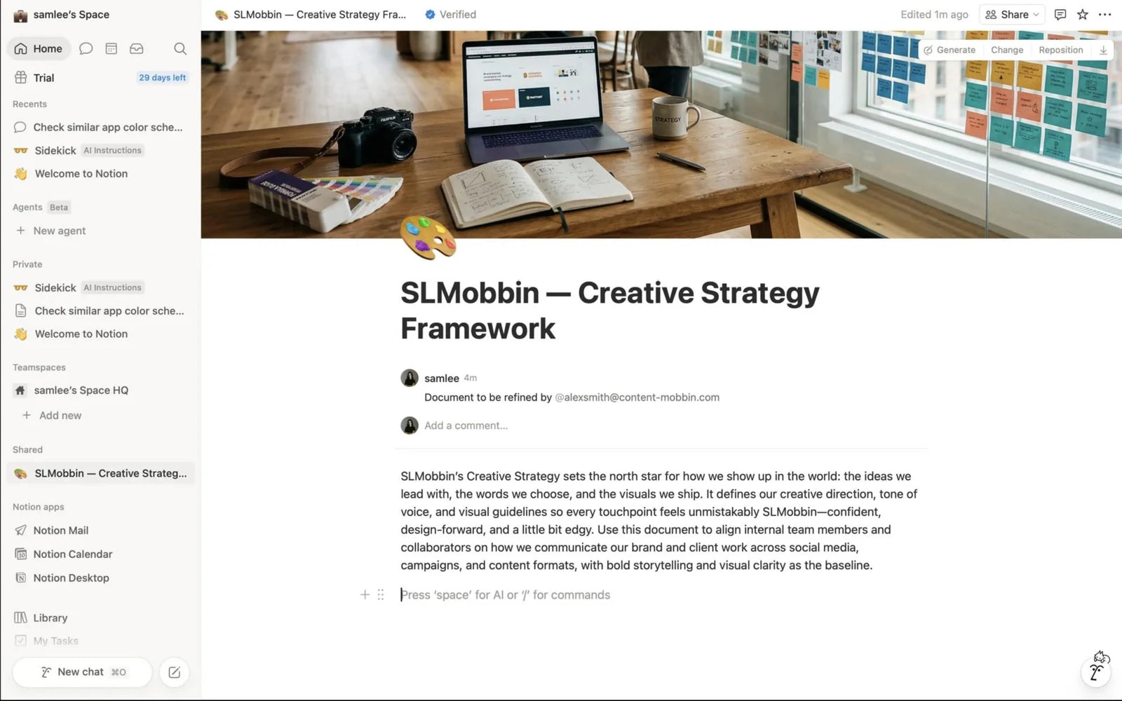 Notion page with a cover photo, sidebar and a hint for AI and commands