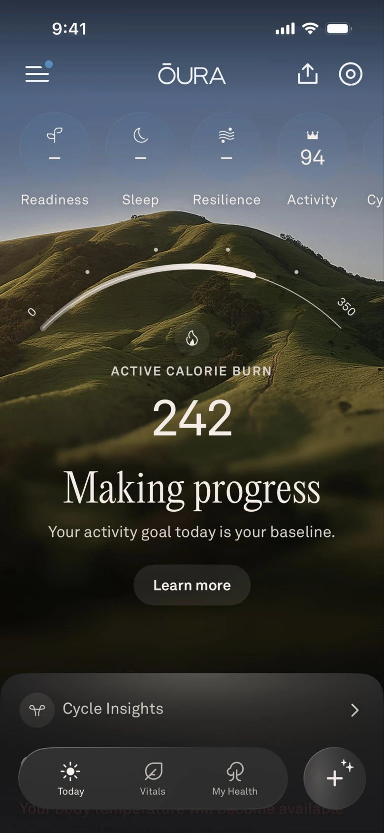 Oura today screen with activity arc