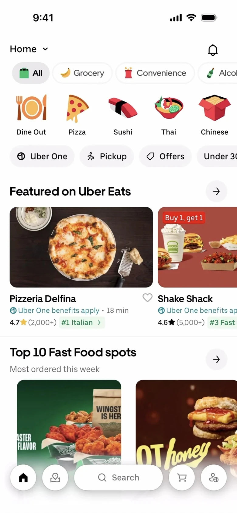 Uber Eats home feed with food categories and restaurants